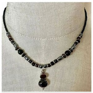 Sterling Silver Garnet Stone Beaded Necklace Artisan Pendant 925